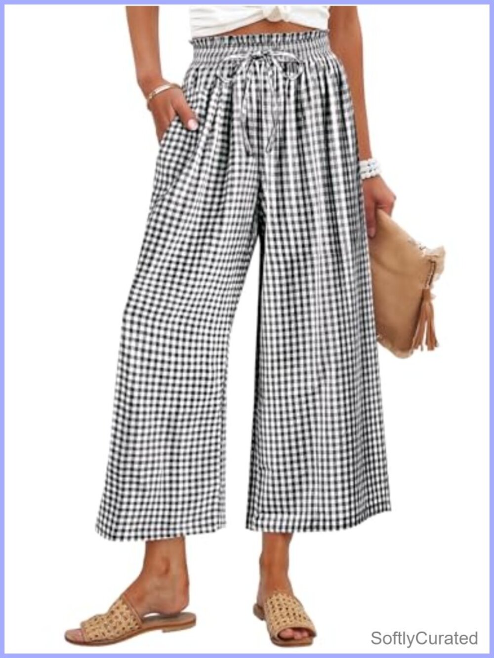 Striped Gingham Palazzo Cropped Pants with Pockets